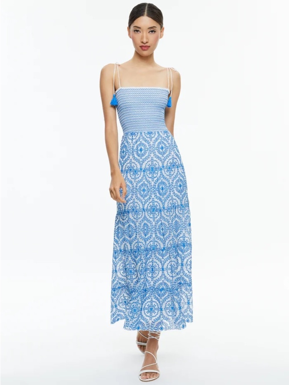 Alice + Olivia Sky Blue Printed Smocked Maxi Dress with Tassel Straps